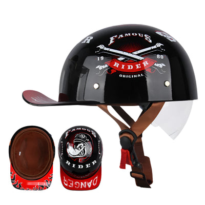 This one-of-a-kind vintage design showcases a black motorcycle helmet with "Famous Rider" text and crossed pistons in red. It offers lightweight comfort with a visor, adjustable straps, an interior view, and "DANGER" on the back, inspired by the ALR™ Baseball Cap Motorcycle Helmet style.