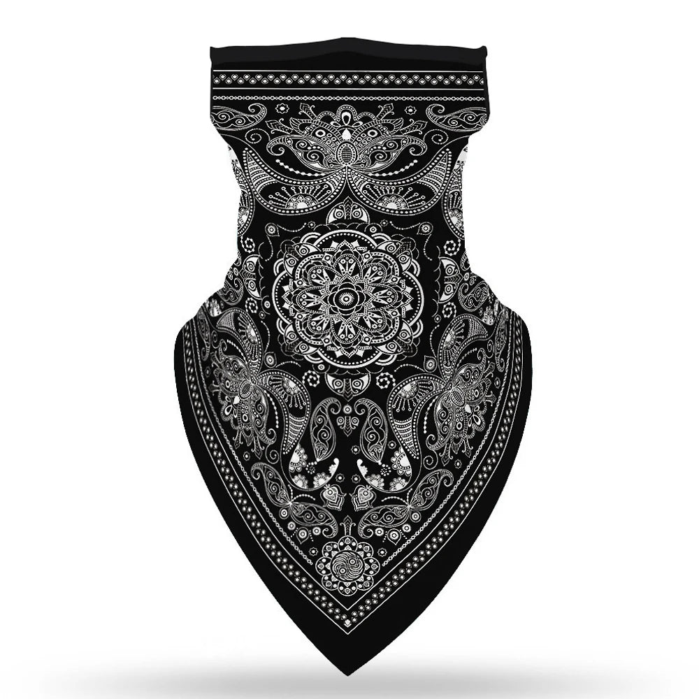 The ALR™ Outdoor Balaclava Motorcycle Face Mask features a black and white paisley design with intricate patterns in a triangular shape, making it a stylish ski mask or essential motorcycle accessory.