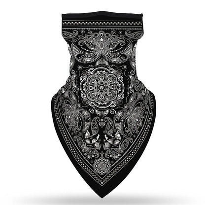 The ALR™ Outdoor Balaclava Motorcycle Face Mask features a black and white paisley design with intricate patterns in a triangular shape, making it a stylish ski mask or essential motorcycle accessory.