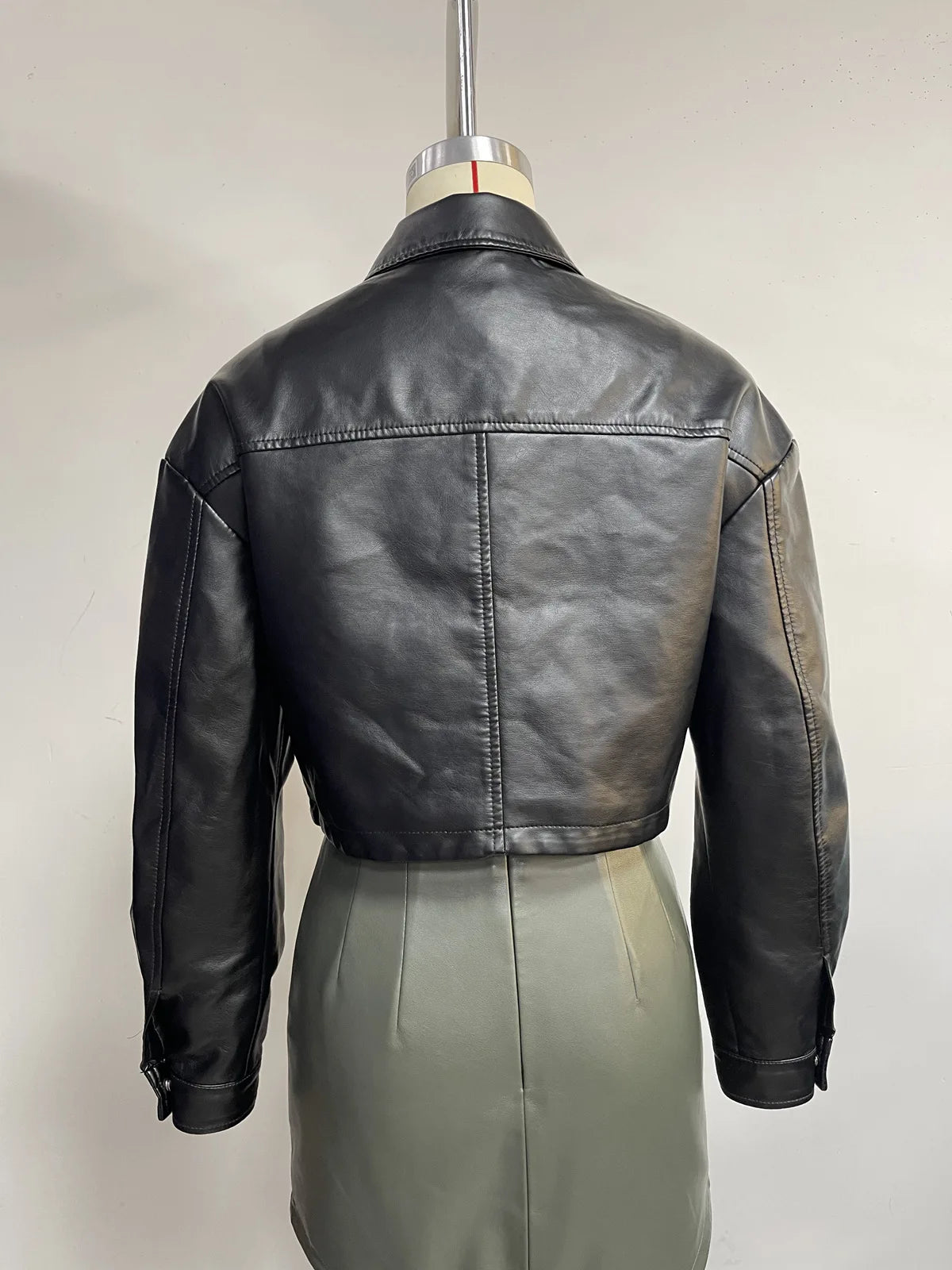 Alr™ Women's Short Leather Biker Jacket with Lapel and Two Pockets