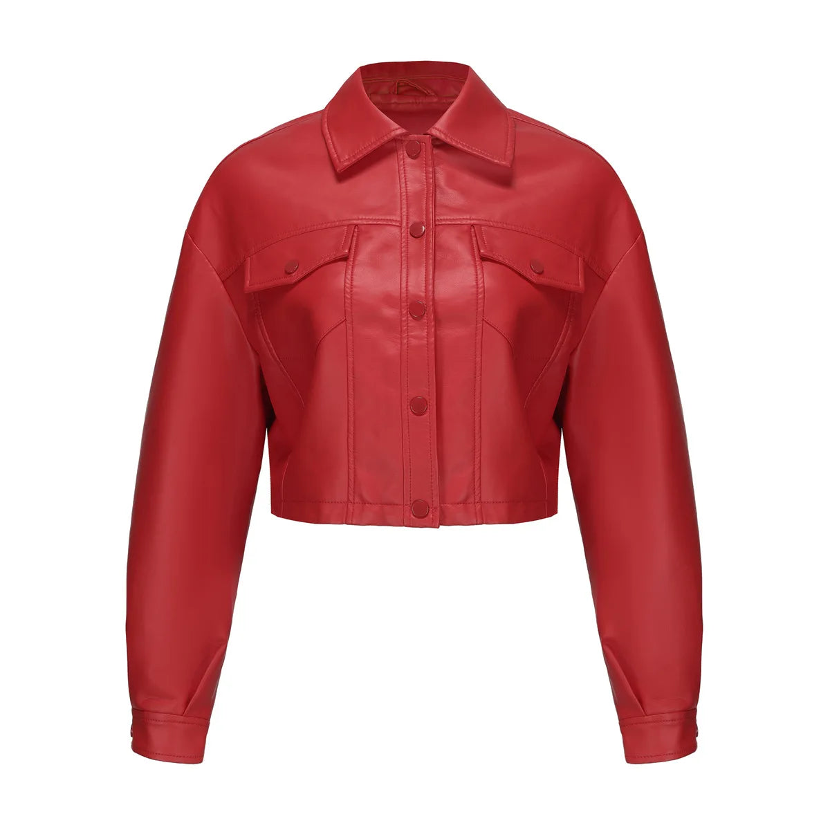 Alr™ Women's Short Leather Biker Jacket with Lapel and Two Pockets