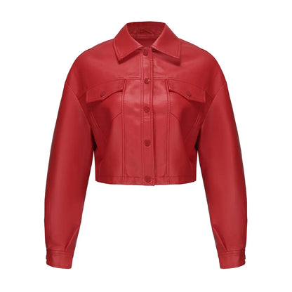 Alr™ Women's Short Leather Biker Jacket with Lapel and Two Pockets