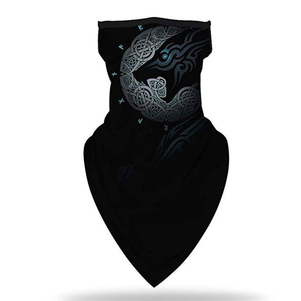 The ALR™ Outdoor Balaclava Motorcycle Face Mask features a black bandana with intricate patterns and a circular motif in light gray and blue, ideal for pairing with your favorite motorcycle accessories.