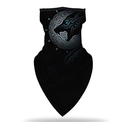 The ALR™ Outdoor Balaclava Motorcycle Face Mask features a black bandana with intricate patterns and a circular motif in light gray and blue, ideal for pairing with your favorite motorcycle accessories.