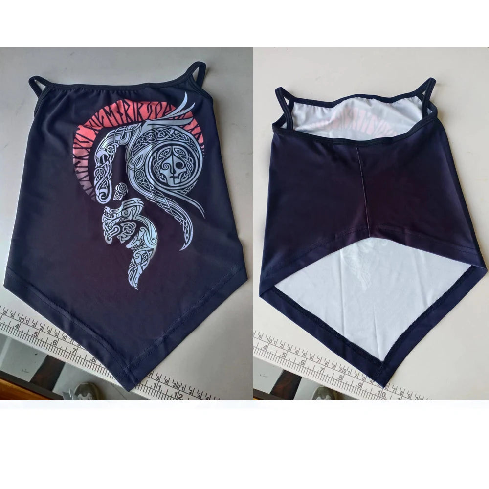 A black ALR™ Outdoor Balaclava Motorcycle Face Mask with a tribal animal design in white and red, perfect for motorcycle accessories. The image shows front and back views on a ruler-marked surface.