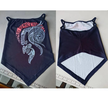 A black ALR™ Outdoor Balaclava Motorcycle Face Mask with a tribal animal design in white and red, perfect for motorcycle accessories. The image shows front and back views on a ruler-marked surface.