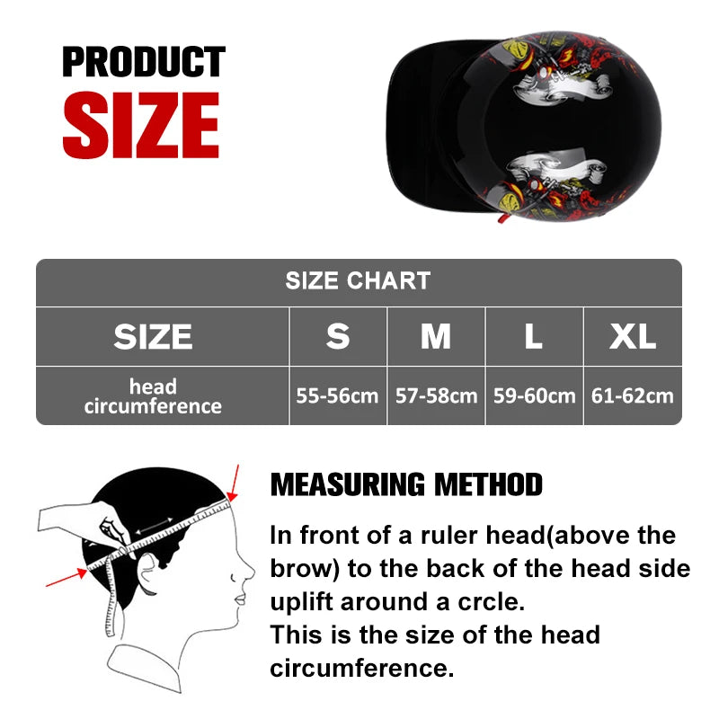 The ALR™ Baseball Cap Motorcycle Helmet offers sizes S, M, L, and XL with specific head circumference measurements. Its vintage design ensures lightweight comfort. Includes a measuring guide for accurate ruler placement on the head.