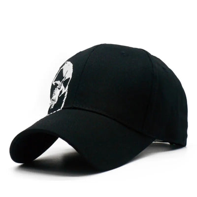 The ALR™ Embroidered Skull Cap features a black base with a white skull design on the front left panel and an adjustable strap for a perfect fit, offering added sun protection.