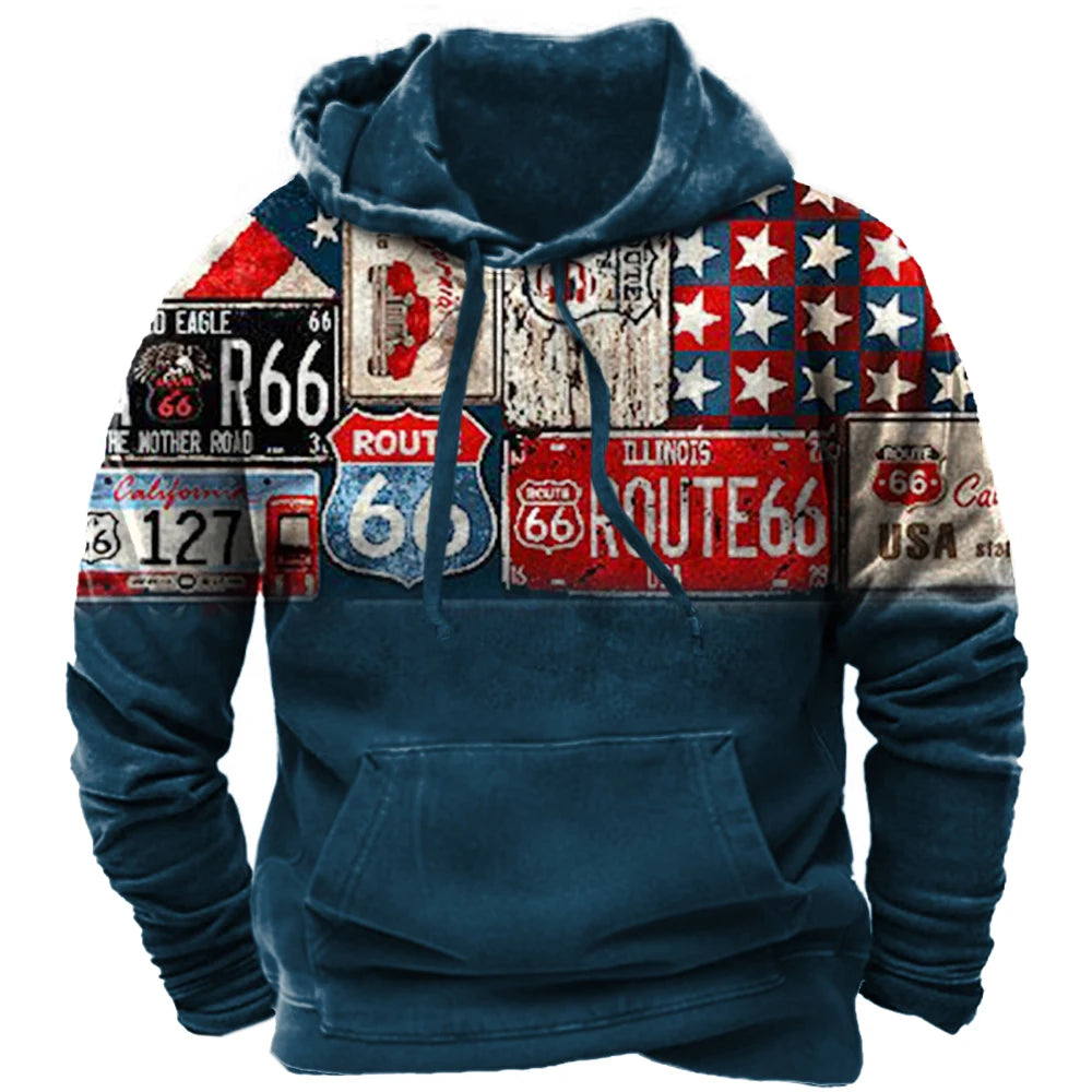 Alr™ Men's Vintage Route 66 3D Moto Print Hoodie