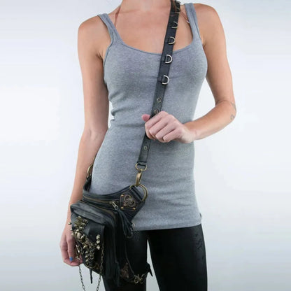 Person in a gray tank top wearing a Women's Gothic Waist/Hip/Body Fanny Bag with decorative metal accents and a gothic-inspired design.