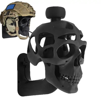 The Alr™ 3D Skull Motorcycle Helmet Display Rack is a black, wall-mounted holder with an inset image showing a tactical helmet perfectly displayed on the skull shape.