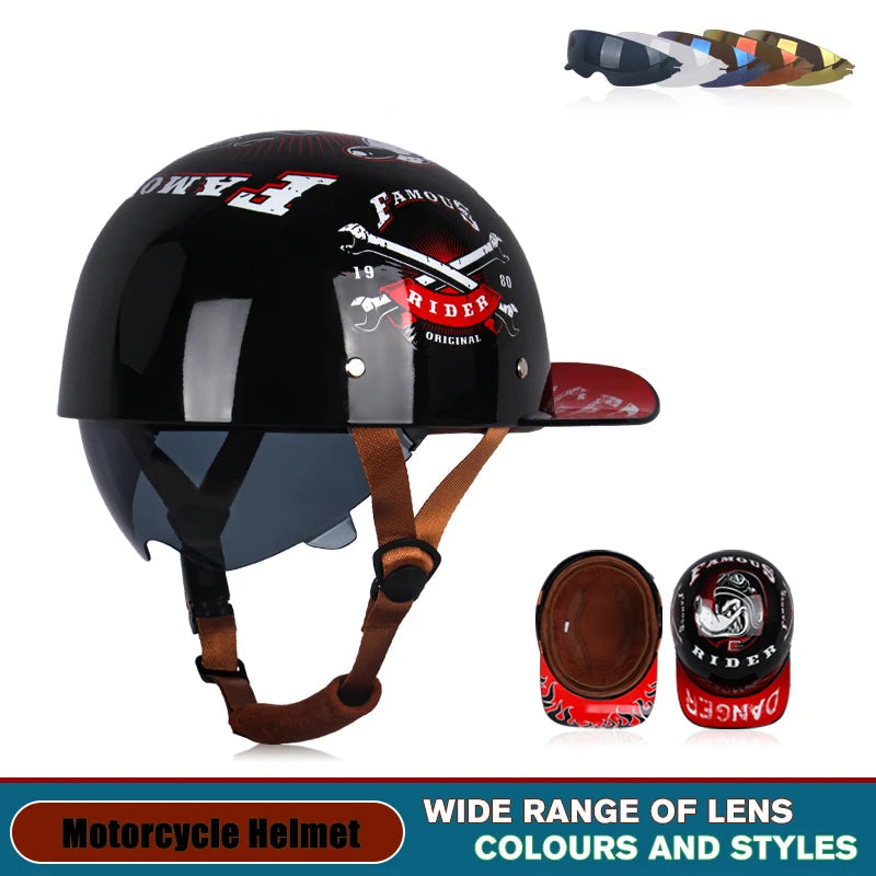 The ALR™ Baseball Cap Motorcycle Helmet features a black exterior with red leather interior and crossbones design. This vintage-style helmet ensures lightweight comfort and offers various lens colors and styles.