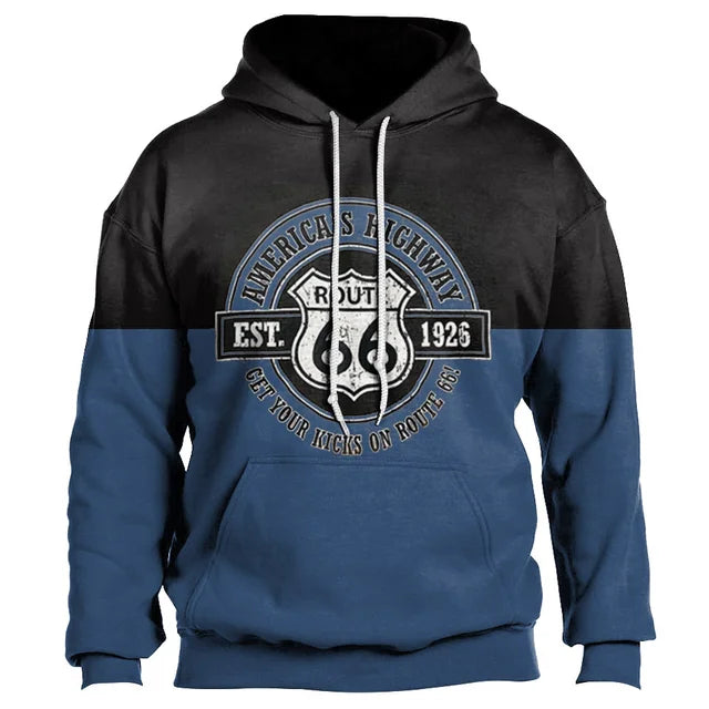 Alr™ Men's Vintage Route 66 3D Moto Print Hoodie