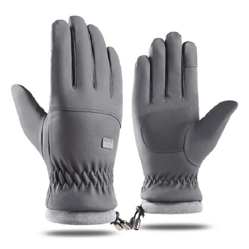 The ALR™ Winter Cold-proof Gloves are high-quality gray men's winter gloves made from polyester, featuring elastic cuffs and a small logo on the back. Illustrated both palm-up and palm-down, they come connected by a handy clip.