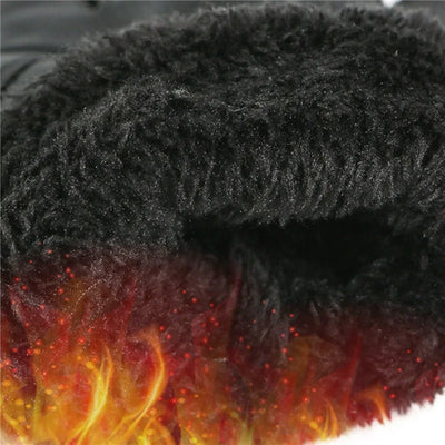 Close-up of ALR™ Winter Cold-proof Gloves features high-quality black faux fur fabric with a flame visual effect at the bottom, crafted from durable polyester material.