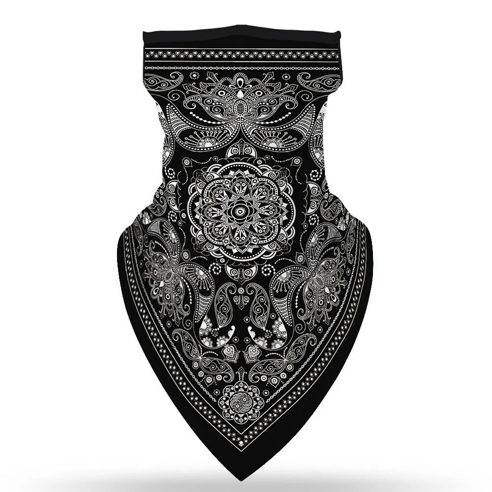The ALR™ Outdoor Balaclava Motorcycle Face Mask features a black design with detailed white paisley and mandala patterns, making it a stylish complement to your motorcycle accessories.