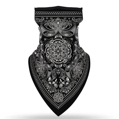 The ALR™ Outdoor Balaclava Motorcycle Face Mask features a black design with detailed white paisley and mandala patterns, making it a stylish complement to your motorcycle accessories.