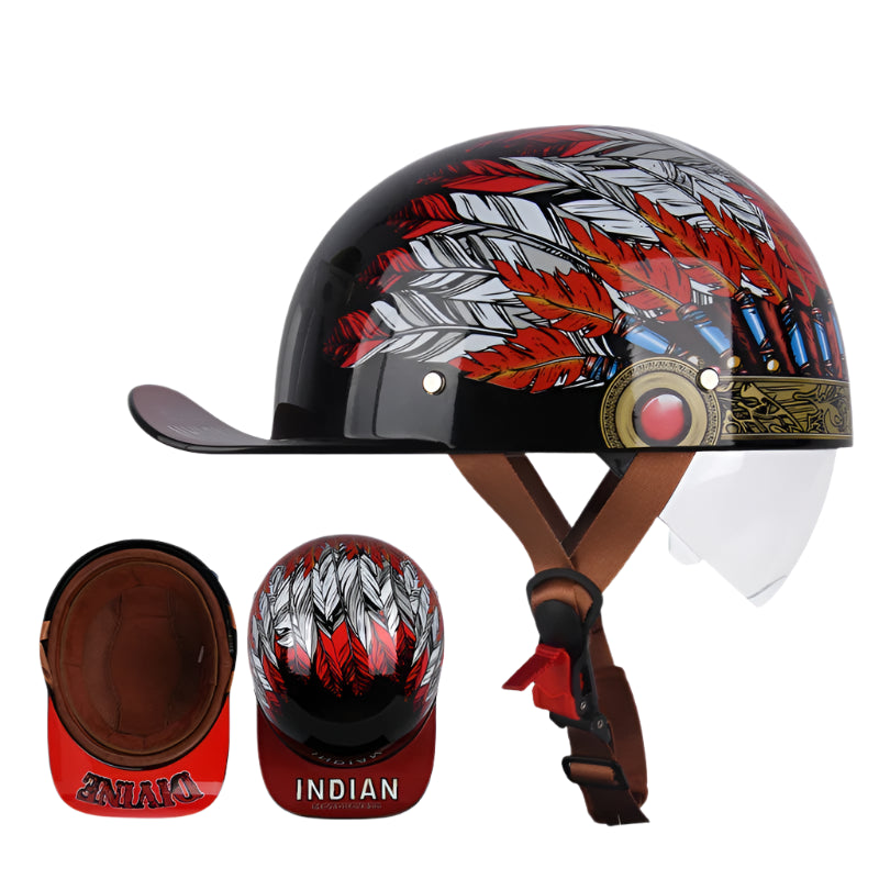 Introducing the ALR™ Baseball Cap Motorcycle Helmet, featuring a vintage design with a red, white, and black feather motif. It includes a beak-like visor and brown straps for lightweight comfort, with "INDIAN" printed on the back.