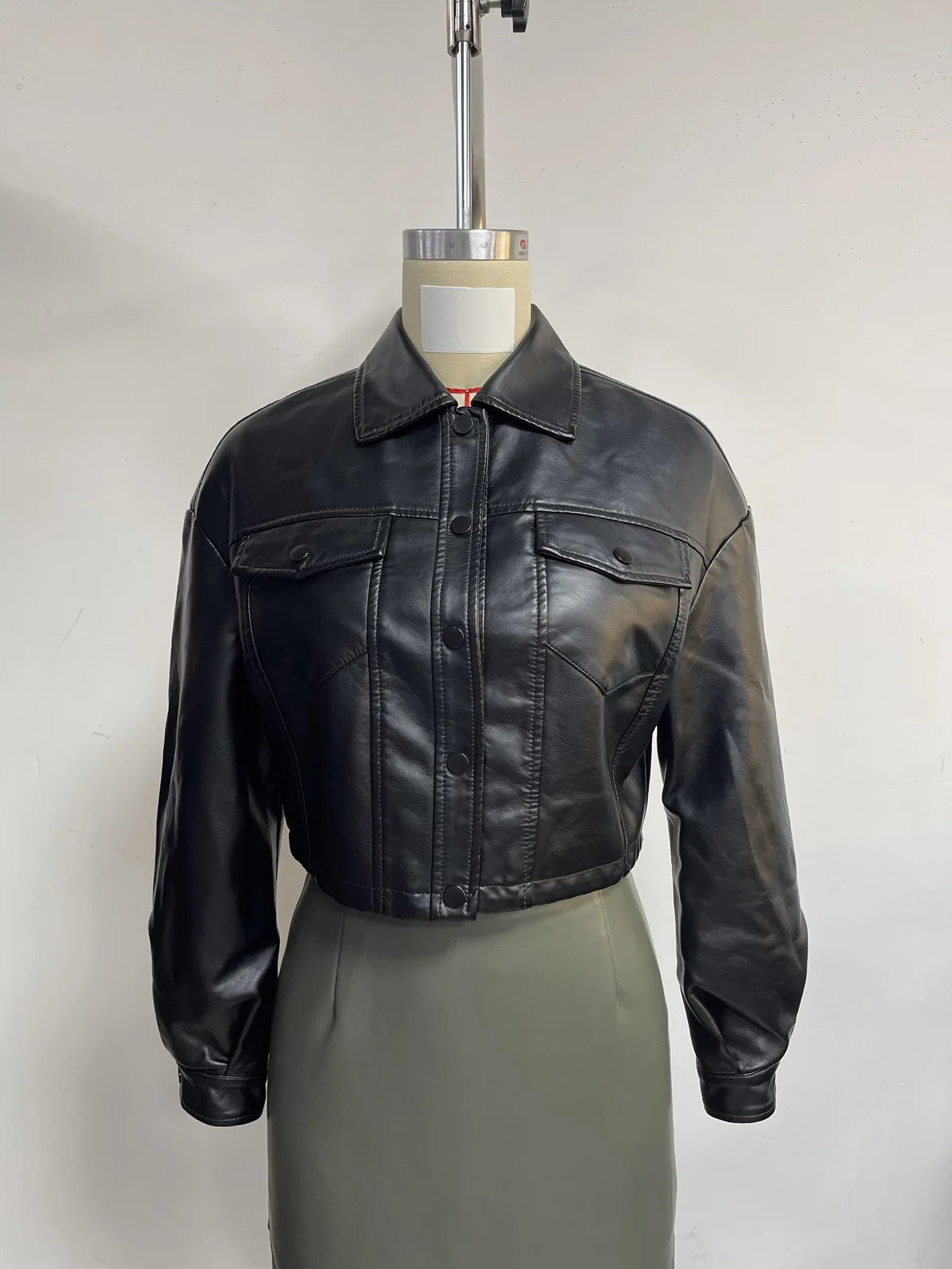 Alr™ Women's Short Leather Biker Jacket with Lapel and Two Pockets