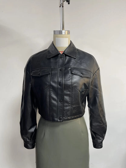 Alr™ Women's Short Leather Biker Jacket with Lapel and Two Pockets