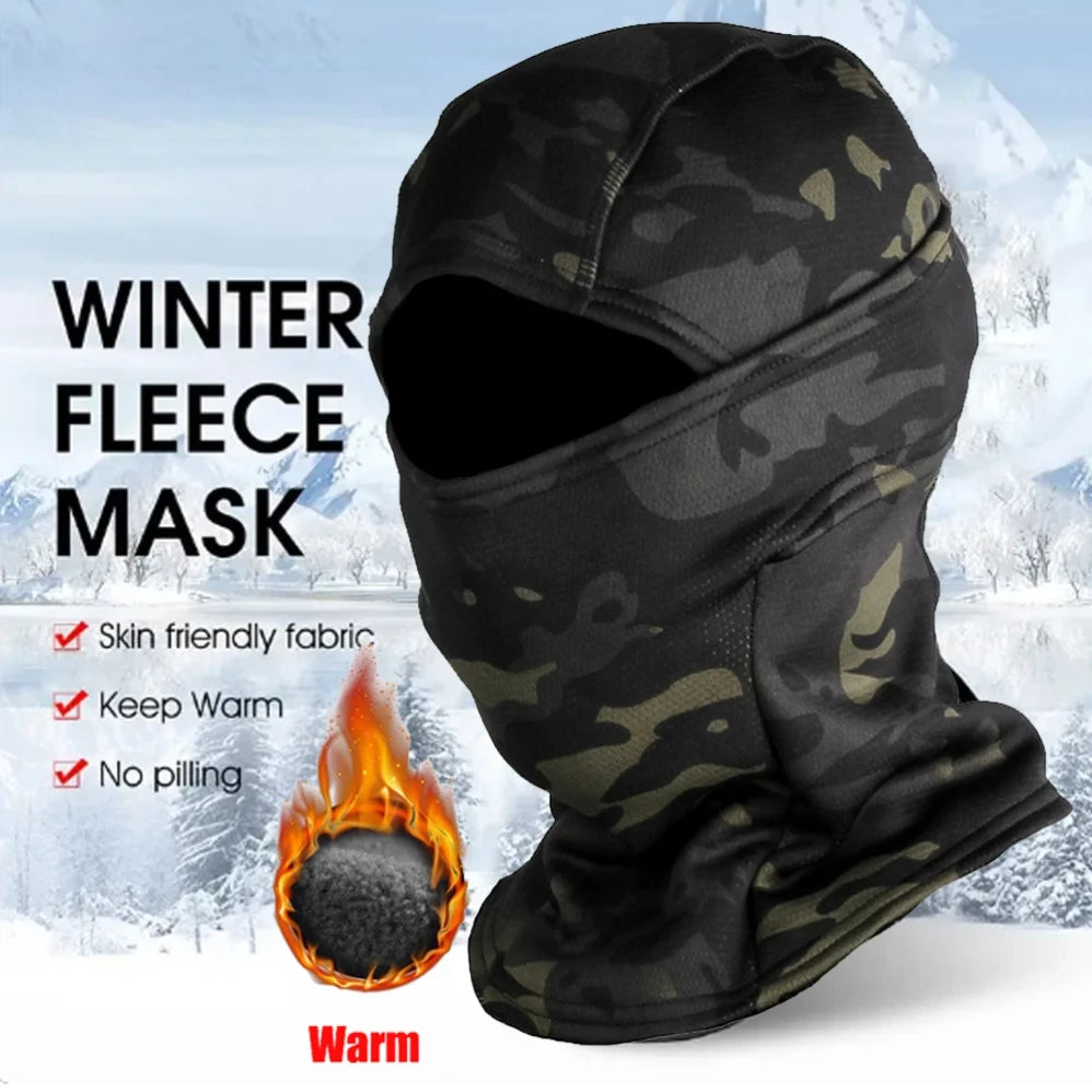 ALR™ Winter Fleece Camouflage Balaclava with the text: "Winter Fleece Balaclava. Skin-friendly fabric. Stay warm. No pilling." Features a snowy mountain backdrop and a heated texture image to emphasize its cold resistance.