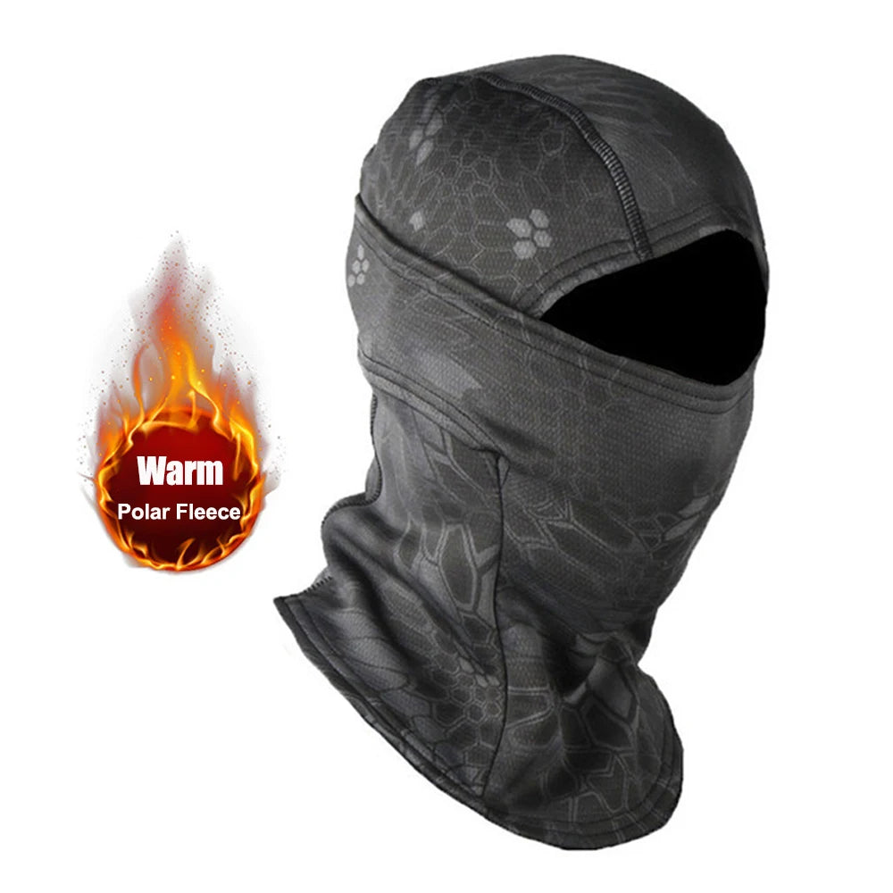 The ALR™ Winter Fleece Warm Camouflage Balaclava features a gray camo design with an eye opening, labeled "Warm Polar Fleece" next to a flame graphic, providing excellent cold resistance for frigid days.