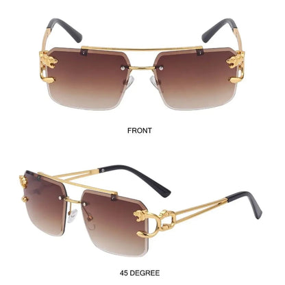 Two views of Retro Rimless Steampunk UV400 Sunglasses: a front view showing gradient brown square lenses with gold detailing and side view showing the gold frame, black temple tips, and decorative side embellishment. These steampunk sunglasses also offer UV400 protection for ultimate eye care.