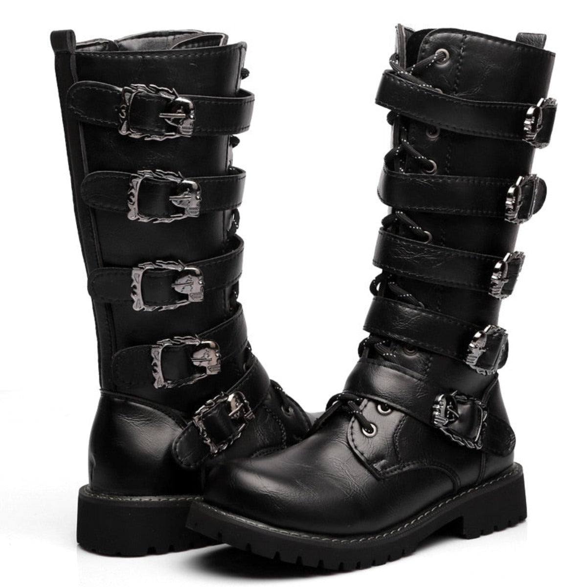 A pair of Mid-Calf Leather Motorcycle Riding Boots with comfortable fit and buckles.