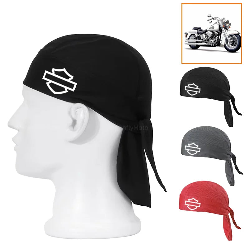 Three ALR™ Summer Cycling Caps in black, gray, and red are displayed on mannequin heads, each featuring a logo. These unisex helmet liners have a breathable design for comfort and style. A small image of a motorcycle complements the scene.