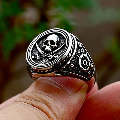 Stainless Steel Biker Ring - Vintage Double Knife Pirate Skull