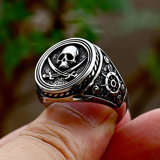 Stainless Steel Biker Ring - Vintage Double Knife Pirate Skull
