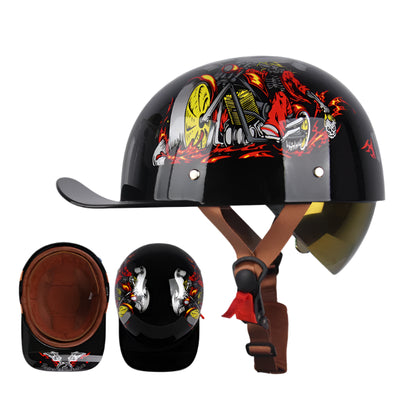 The ALR™ Baseball Cap Motorcycle Helmet features a vintage design with black exterior and red/yellow flames. It includes brown straps, a visor, and lightweight comfort, offering multiple views: front, side, and interior.