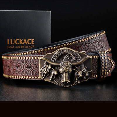 Alr™ Vintage Western Cowboy Belt: This brown leather belt exemplifies handmade craftsmanship, with detailed embossed western designs and a large metal buckle featuring a steer head. A box adorned with the "LUCKACE" text in the background underscores its distinct charm.