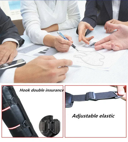 People discussing a drawing at a table; below, a close-up shows ALR™ Motorcycle Warm Kneepads with "Hook double insurance" and "Adjustable elastic" strap. Designed for winter protection, these kneepads are made from waterproof PU leather.