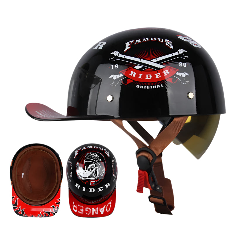 The ALR™ Baseball Cap Motorcycle Helmet features a glossy black vintage design with a "Famous Rider" logo, red visor, and brown chin strap. It offers lightweight comfort with red padded interior adorned with fiery flame designs for a stylish look.