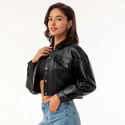 Alr™ Women's Short Leather Biker Jacket with Lapel and Two Pockets