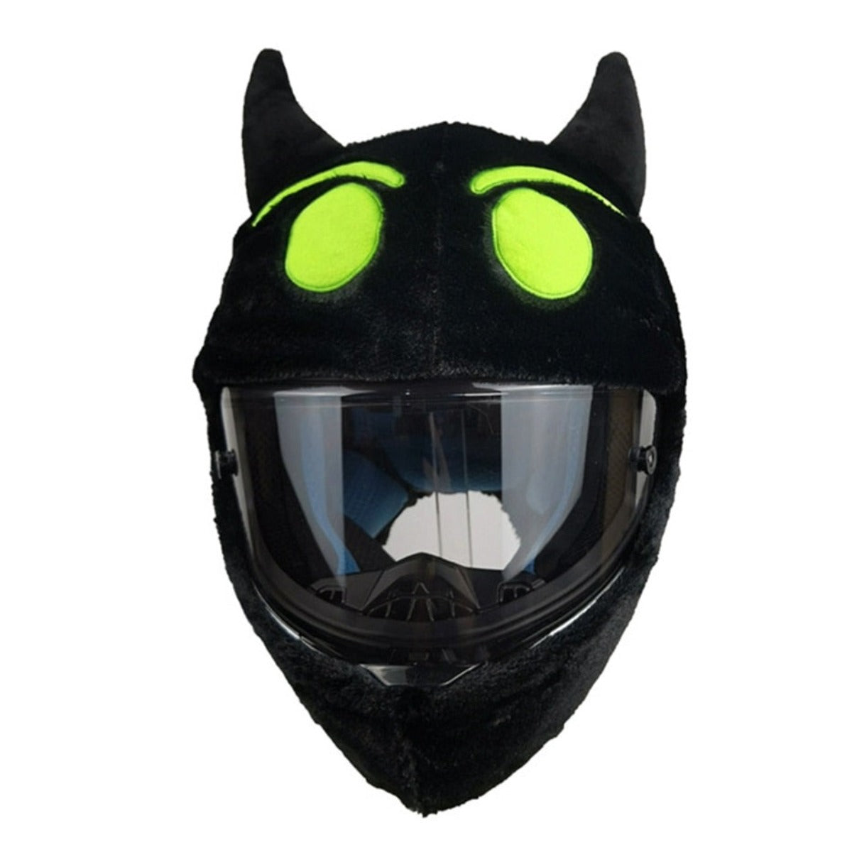 A Cool Motorcycle Helmet Cover - Black Devil with green eyes and horn-like protrusions, resembling a cat or dragon face, makes for a hilarious riding companion and is sure to be an attention-grabbing accessory on the road.