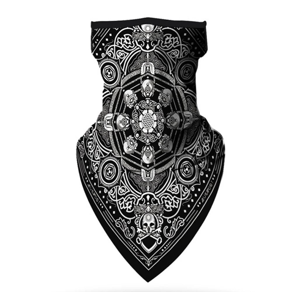 The ALR™ Outdoor Balaclava Motorcycle Face Mask features an intricate black and white skull and geometric pattern, making it a stylish addition to your motorcycle accessories.