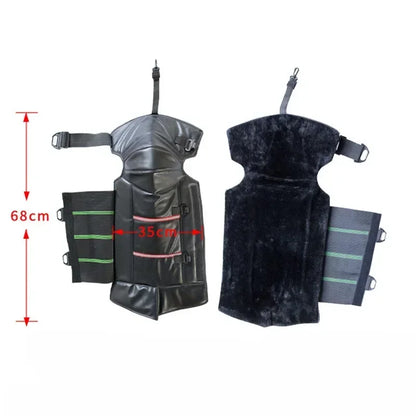 Two ALR™ Motorcycle Warm Kneepads in black, crafted from waterproof PU leather with cozy fur lining and adjustable straps. Each measures 68cm tall by 35cm wide, ideal for winter protection.