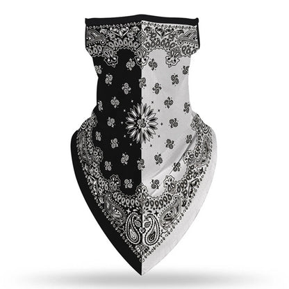 The ALR™ Outdoor Balaclava Motorcycle Face Mask, in a half black, half white design with paisley and floral patterns, is folded into a triangle shape for a stylish addition to your motorcycle accessories.