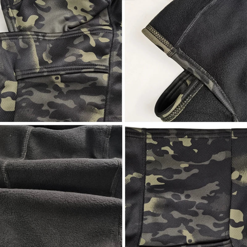 Close-up of the ALR™ Winter Fleece Warm Camouflage Balaclava, highlighting intricate stitching, hood design, and fabric details from various angles.