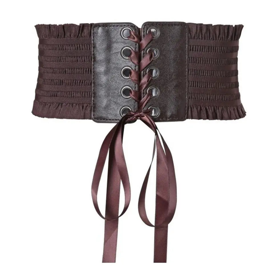 Coffee lace up corset waist belt with satin ribbon ties