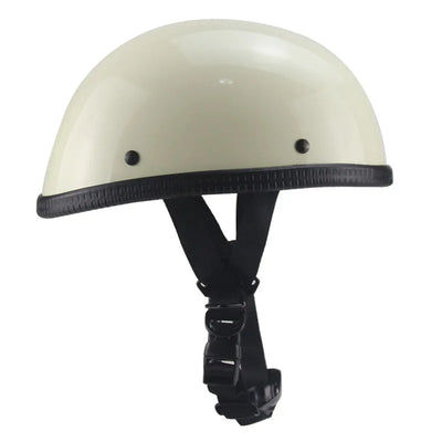 The Classic Half Helmet Harley Style, a DOT-approved safety helmet in white with a black chin strap and buckle, is displayed against a plain background.