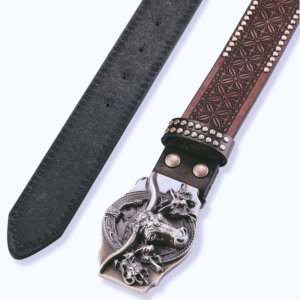 The Alr™ Vintage Western Cowboy Belt is a beautifully crafted accessory made from black and brown leather, showcasing a silver dragon buckle and exceptional handmade craftsmanship, along with an embossed design.