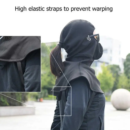 Someone wearing a black hood with a face covering and high elastic straps. Text reads: "High elastic straps to prevent warping." The ALR™ Winter Balaclava Neck Warmer is the perfect accessory for winter sports.
