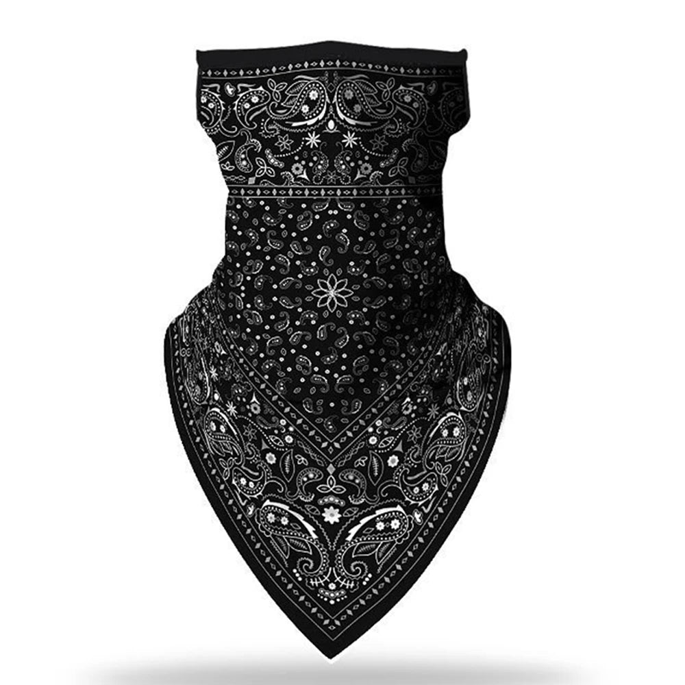 The ALR™ Outdoor Balaclava Motorcycle Face Mask, with its black and white paisley pattern, folds into a stylish triangular shape, making it an ideal addition to your motorcycle accessories.