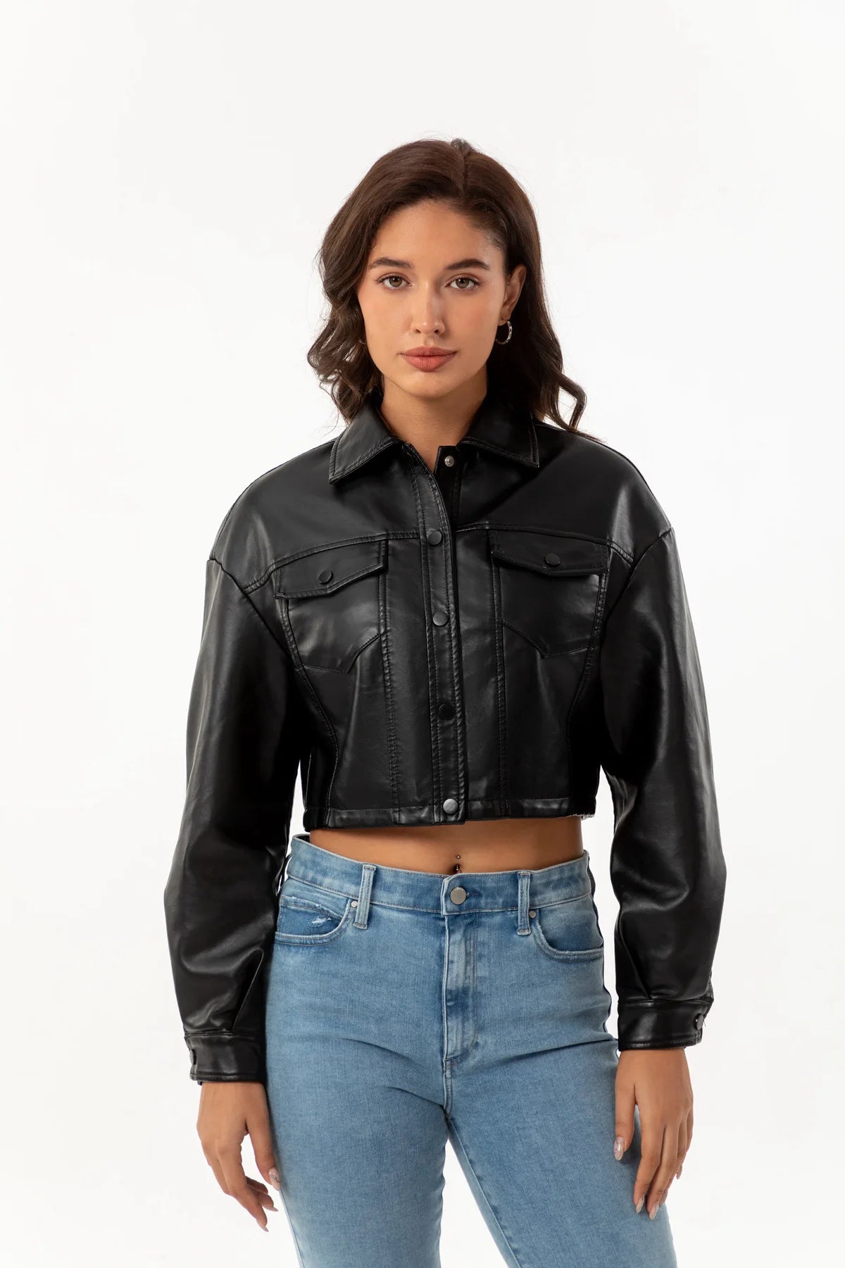 Alr™ Women's Short Leather Biker Jacket with Lapel and Two Pockets