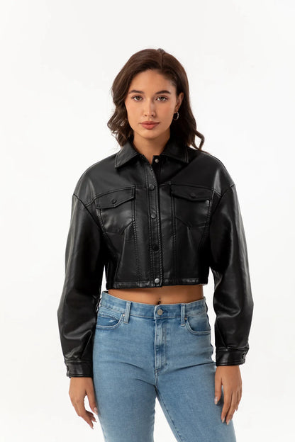 Alr™ Women's Short Leather Biker Jacket with Lapel and Two Pockets