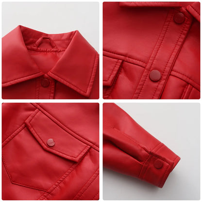 Alr™ Women's Short Leather Biker Jacket with Lapel and Two Pockets