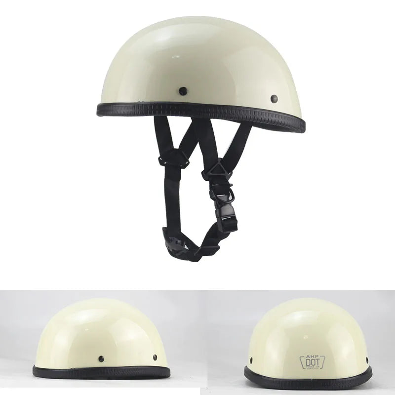 A cream-colored Classic Half Helmet Harley Style featuring black trim and a chin strap, photographed from front, back, and side angles. The "DOT" label is prominently displayed on the back. Perfect for Harley Heritage Classic riders looking for a stylish yet safe option with DOT-approved assurance.